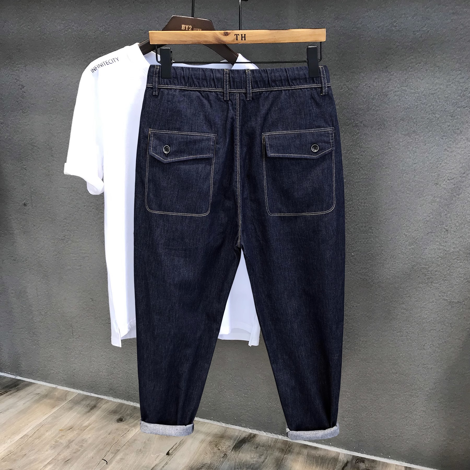 潮流薄款牛仔裤男夏季日系弹力松紧腰抽绳小脚裤宽松直筒休闲裤