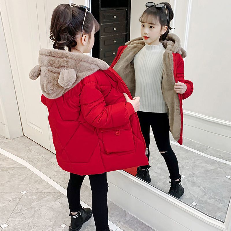 冬季棉袄新款女童服加厚加绒冬装儿童中大童衣可爱中长款洋气外套