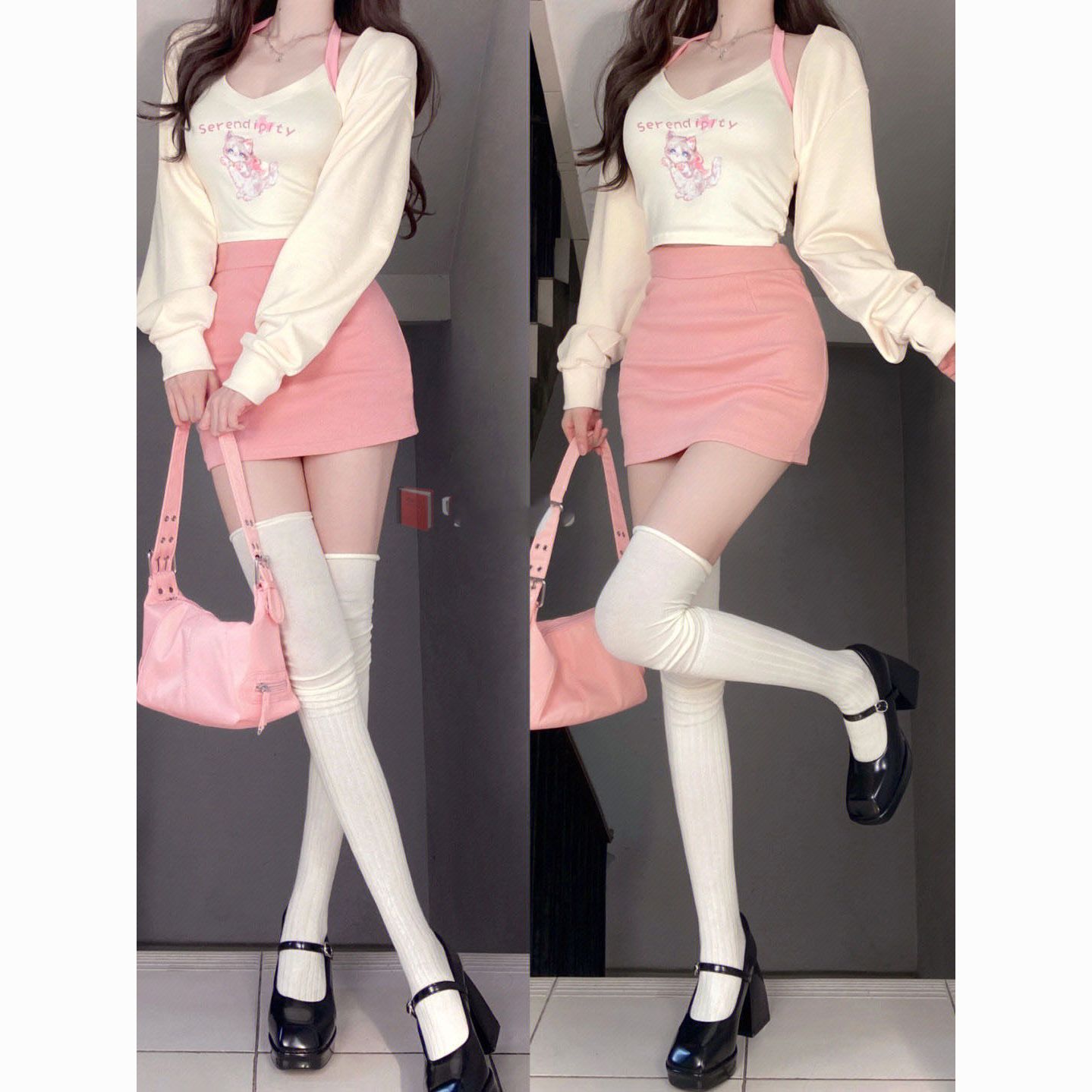 韩版粉色系甜辣风三件套女春季新品小猫挂脖背心开衫高腰半身裙