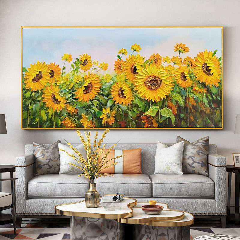 手绘油画挂画客厅沙发墙三联向日葵厚肌理大气简约现代横版装饰画