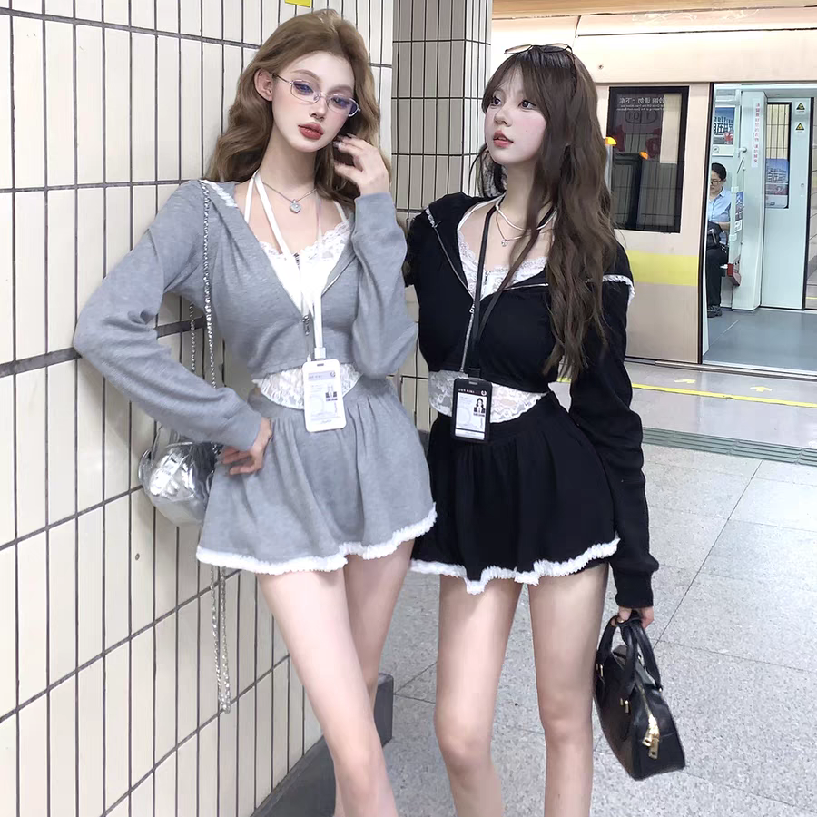 【A9640美人】2024秋季修身设计感长袖纯欲休闲上衣 +裙子两件套