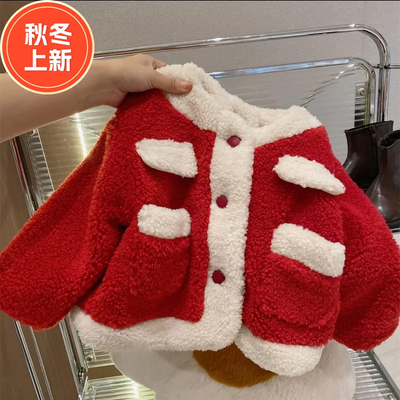 儿童毛绒棉衣百搭宝宝外套秋冬军大衣婴儿冬装外套冬款花棉袄手工