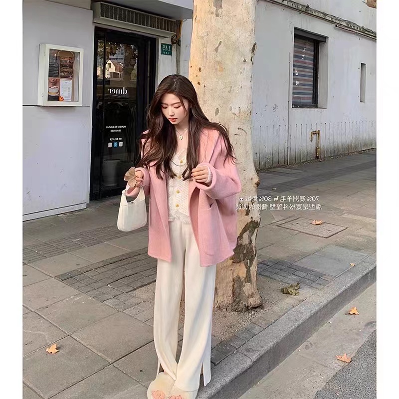 粉色斗篷连帽呢子大衣小个子短款毛呢外套女秋冬季2024年新款