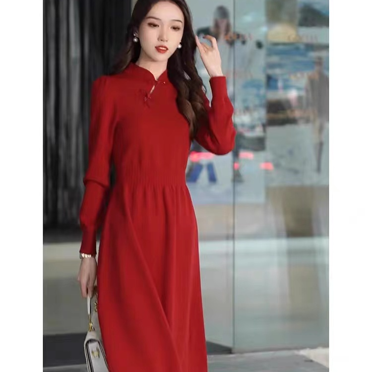 改良旗袍女2024年秋冬红色小个子新中式国风高级感连衣裙