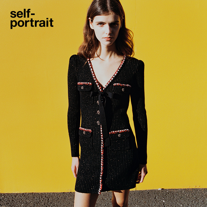 【奥莱】self-portrait 秋冬千金风蝴蝶结甜酷风V领针织长袖连衣裙