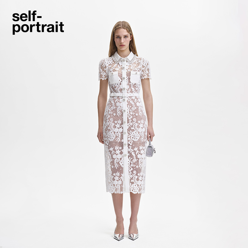 【奥莱】self-portrait 手工定制流光风象牙白蕾丝系领短袖连衣裙