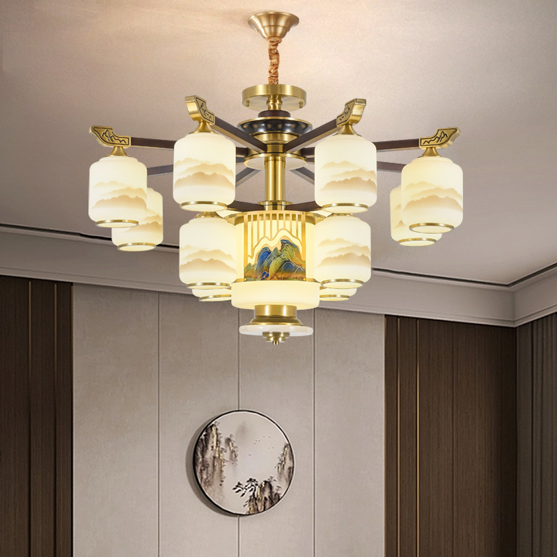 新中式客厅吊灯全铜实木主灯2024年新款别墅复式楼餐厅灯