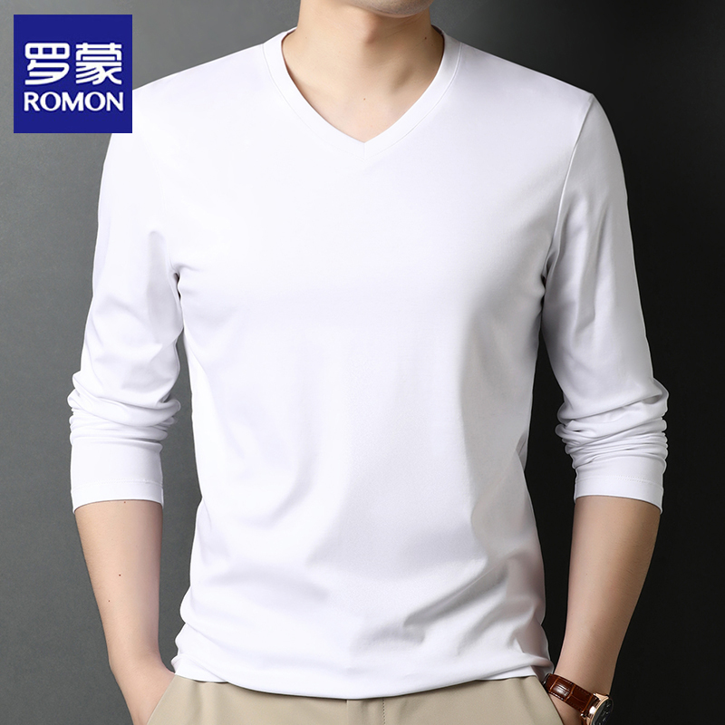 罗蒙纯棉t恤男长袖春秋季纯色百搭棉丝光棉上衣圆领男士打底衫