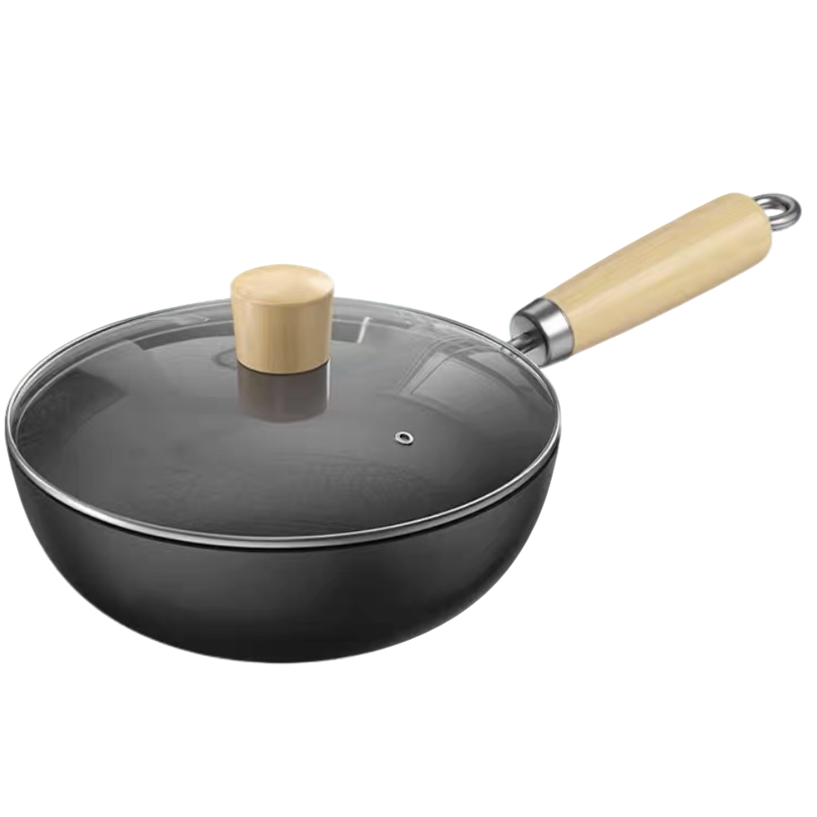 日式玻璃盖深层氮化鱼鳞锤纹底极铁20cm小炒锅