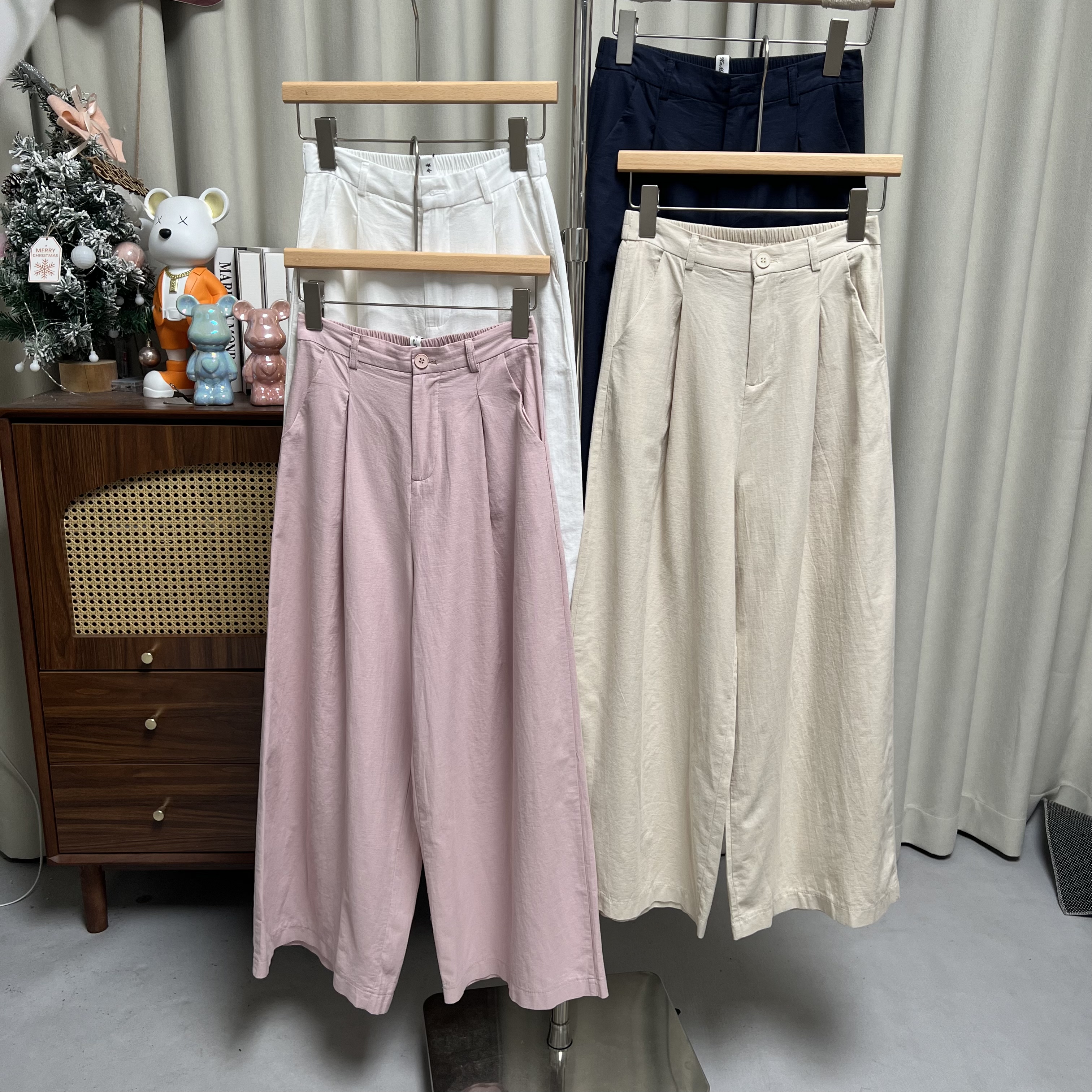 新款夏季棉麻瘦版阔腿裤高腰显瘦宽松韩版纯色时尚休闲松紧腰