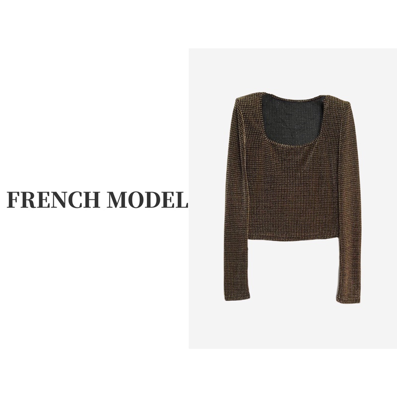 FRENCH MODEL 媛媛. 2023秋季新款方领弹力长袖T恤女装 40850140