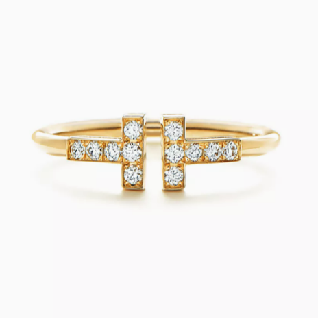 99新 Tiffany & Co./蒂芙尼 黄金 双T满钻开口戒指 52号 W48138