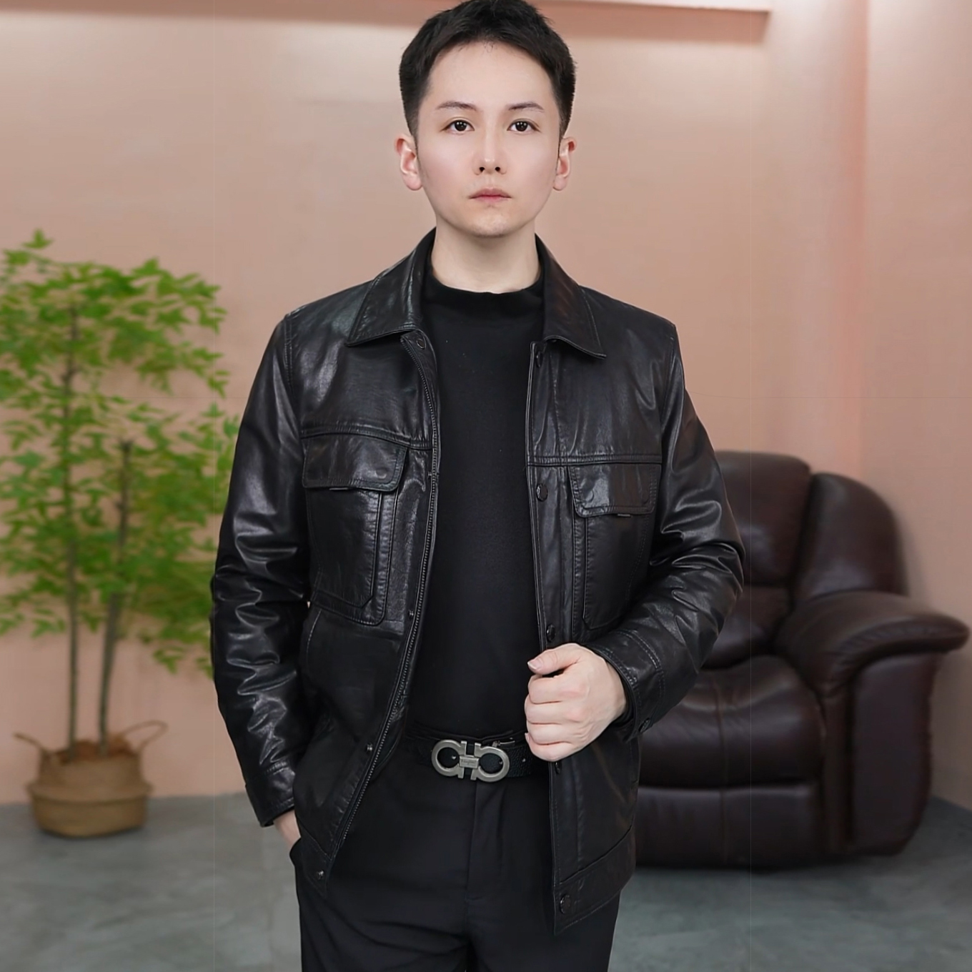 头层牛皮海宁真皮皮衣男士翻领短款皮夹克外套春秋冬新款加厚