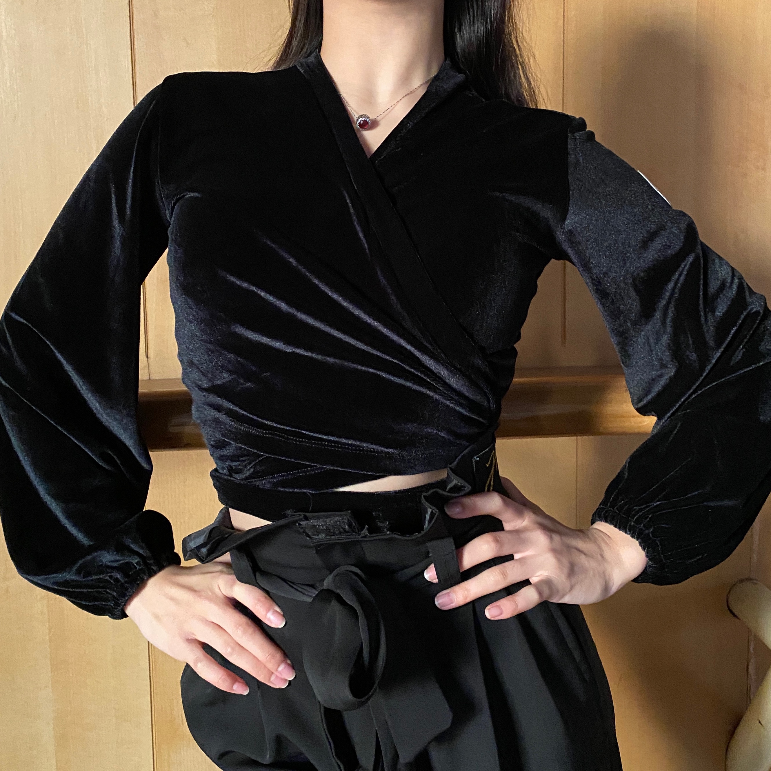 Fairy国标舞服拉丁摩登舞丝绒绑带小衫外套秋冬必备气质时尚保暖