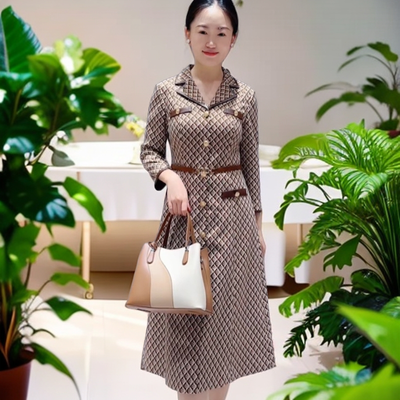 170963慕天姿品牌女装-轻奢系列-气质款咖色修身显瘦气质连衣裙