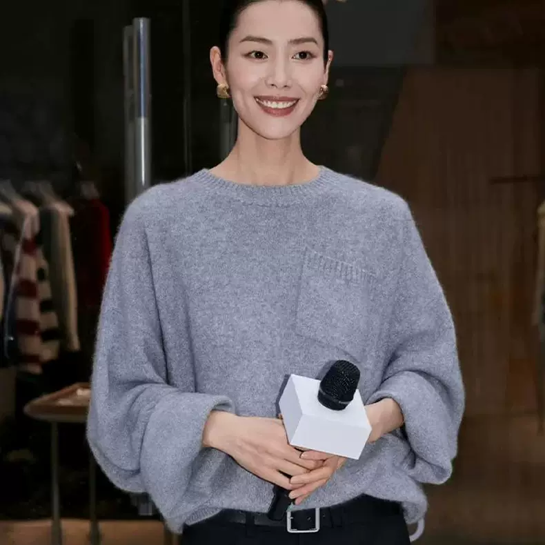 刘雯同款100%纯山羊绒衫女康赛妮毛衣宽松慵懒风秋冬新款灰色