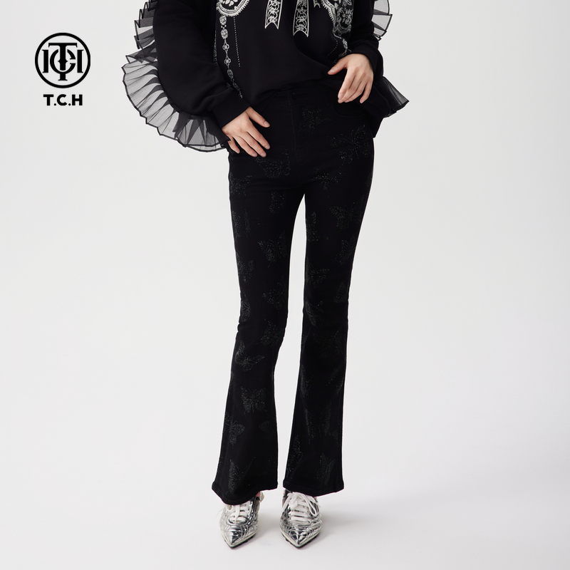 长安万达TCH-微喇叭牛仔裤女2025蝴蝶烫钻喇叭裤T72C208005