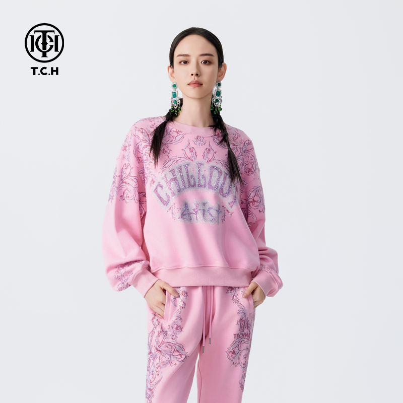 石景山TCH24年新款烫钻卷草纹圆领卫衣国风圆领衫上衣T72C116051