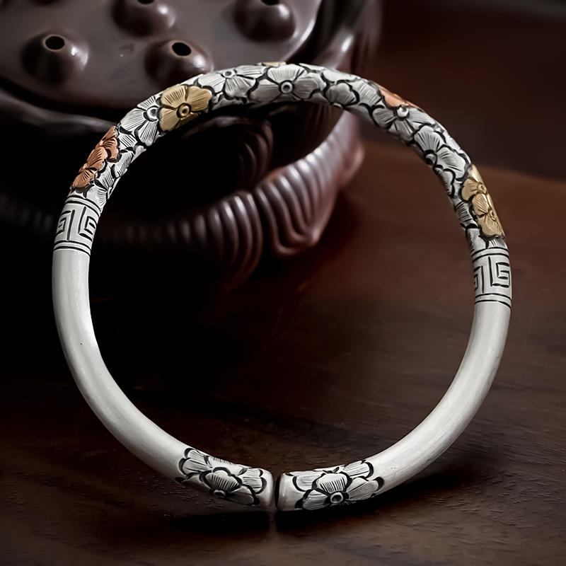 九乐 足银手镯 999手法传承复古錾刻繁花似锦觅安宁手镯典雅镯子