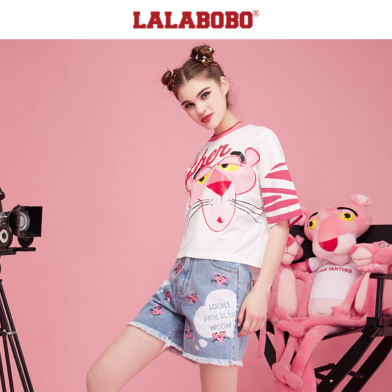 石家庄(微瑕不退不换)LALABOBO夏款粉红豹宽松短袖T恤F21B-WSDT17