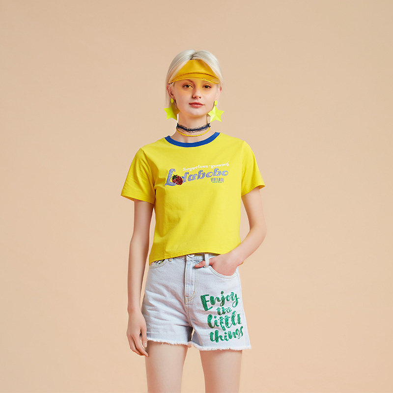 石家庄(不退不换)复古草莓亮片短款修身显瘦T恤女|L21E-WSDT54