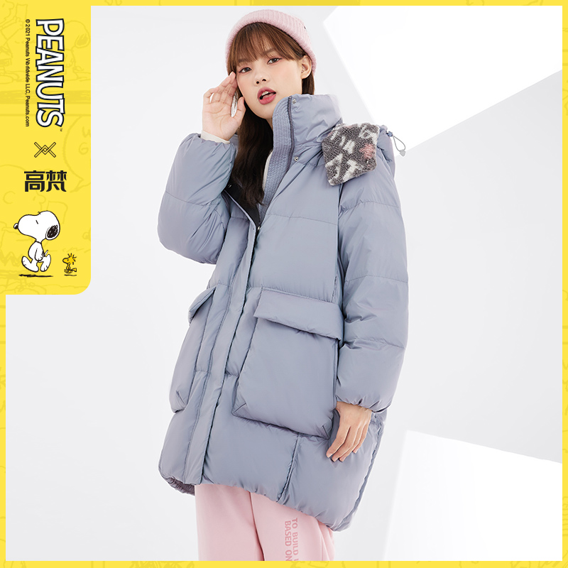 GOLDFARM/高梵史努比联名暮云纱颗粒绒拼接中长款羽绒服冬外套潮