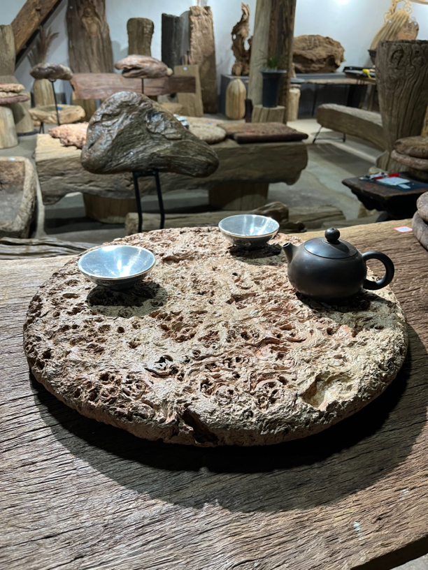 栎木圆盘手工大号粗陶椭圆陶瓷圆形干泡台摆件复古中式家用创意