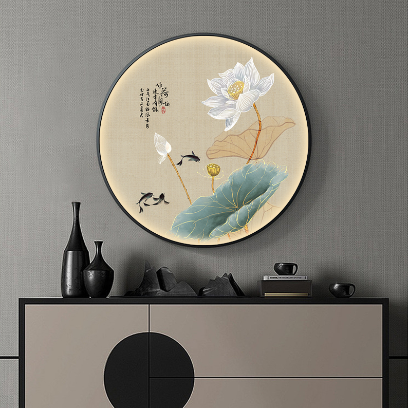 【高质】圆形装饰画新中式禅意荷花餐厅装饰画玄关卧室客厅过道挂画