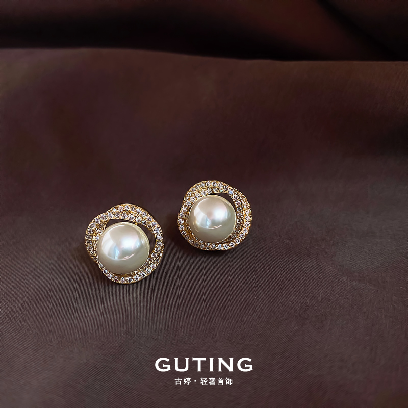 铜合金合成锆石耳饰 6933高级感耳饰瑞丽优雅法式复古珠耳环首饰