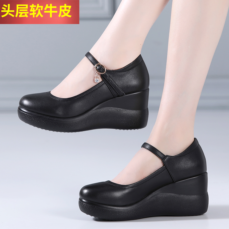 软牛皮舒适坡跟单鞋防水台圆头休闲浅口一字带百搭真皮摇摇松糕鞋