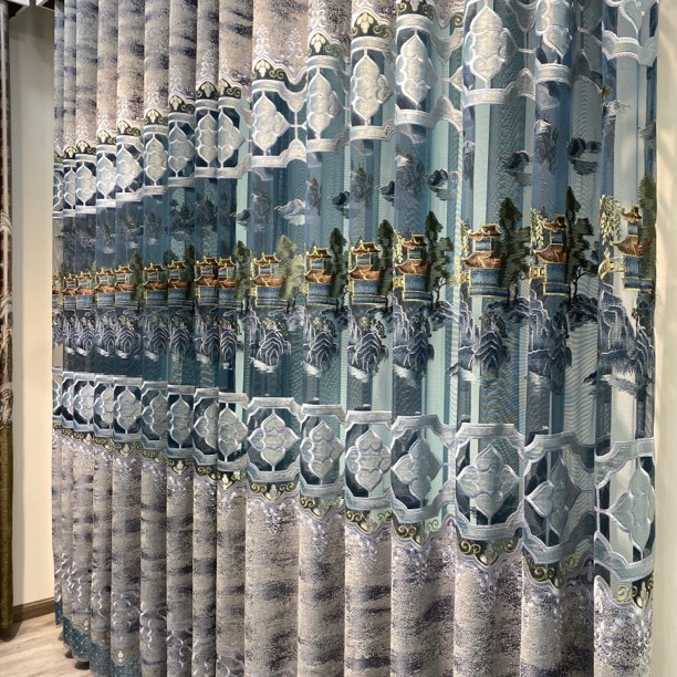 窗帘厂家新中式重工刺绣大缕空客厅窗帘水墨兰亭