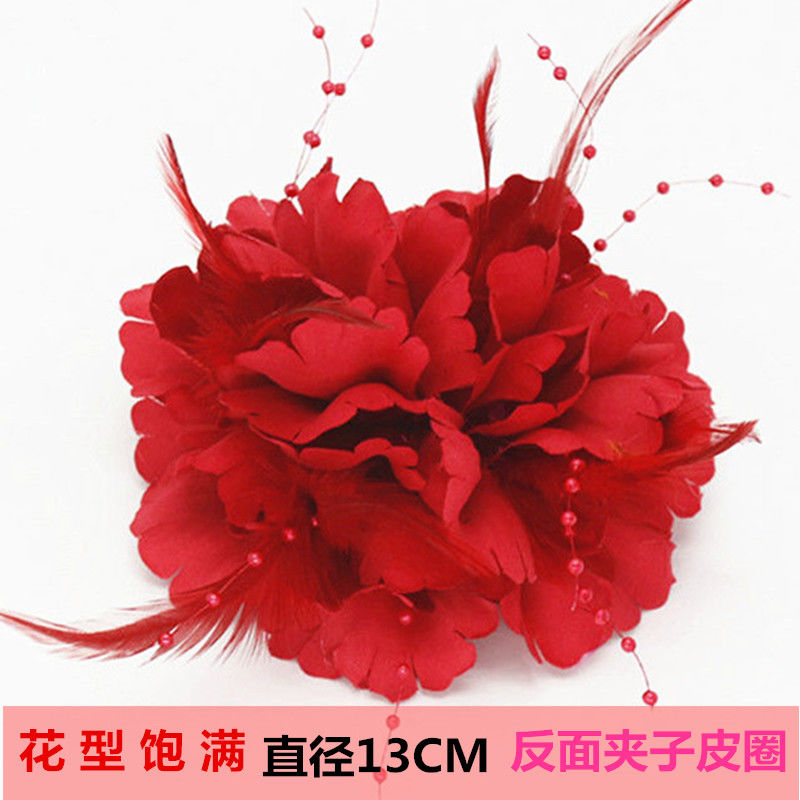 弥都新娘盘发头饰时尚秧歌羽毛发夹饰品仿真儿童红色头花