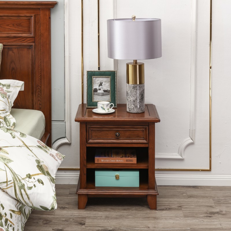 美式乡村白蜡木卧室床头储物柜单抽屉床头柜复古家具收纳柜边角柜