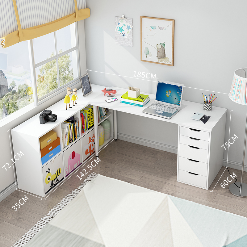 可比熊实木书桌美式白色抽屉柜北欧简约一体柜家用学生组合写字桌