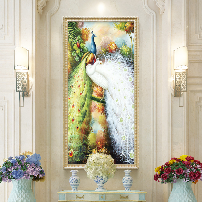玄关装饰画入户过道竖版玄幻挂画动物孔雀油画大气巨幅走廊墙壁画