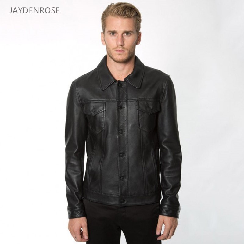 新款绵羊皮真皮皮衣男短款中青年休闲机车皮夹克翻领薄款潮流外套