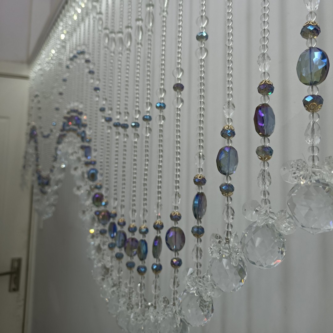 彩蓝白平安福禄聚宝盆水晶帘