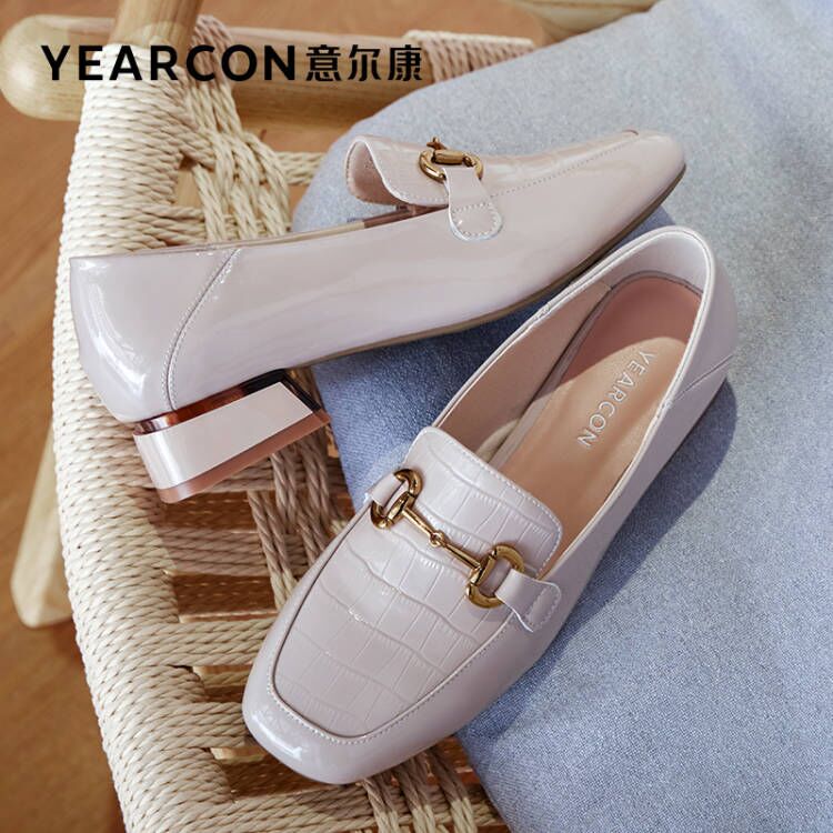 YEARCON/意尔康经典羊皮乐福女鞋时尚小众百搭粗跟方头轻奢高跟鞋