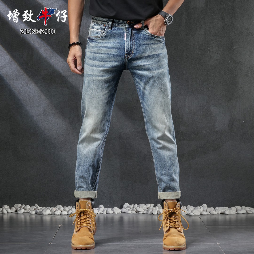 ZENGZHI/增致牛仔复古蓝色宽松男士牛仔裤时尚潮直筒长裤351刺绣