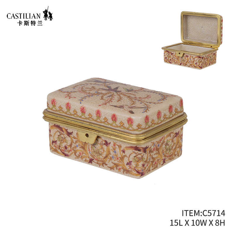 派力斯喜燕衔春铜配瓷手绘首饰储物盒居家美式客厅卧室储物摆/