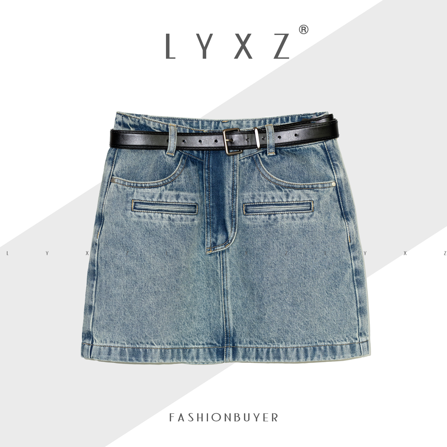 LYXZ 春夏新款拼腰带前横口袋牛仔短裙70897