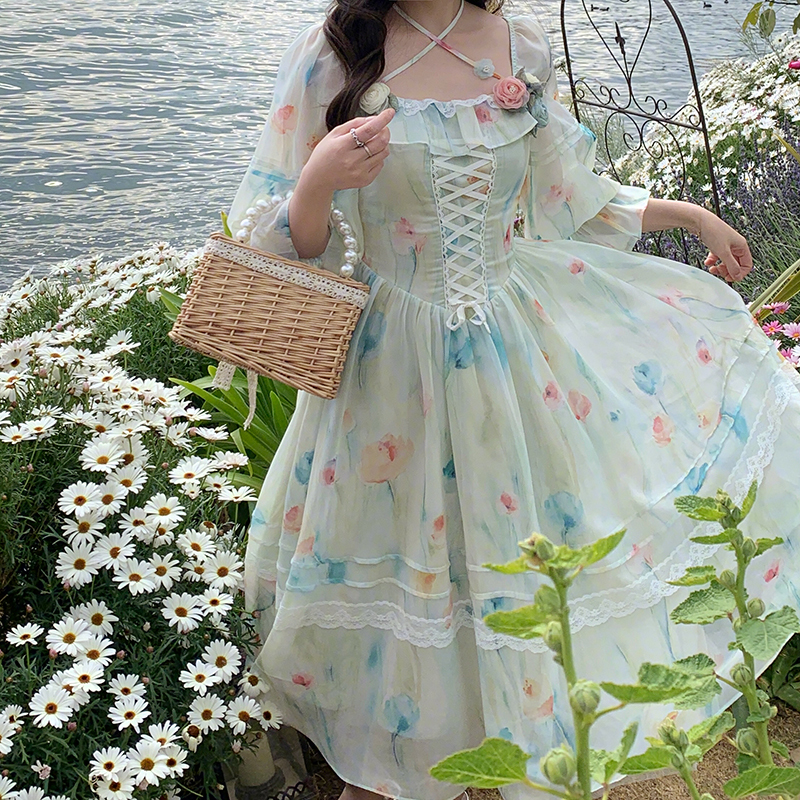 【油画秘境】小众法式方领连衣裙绑带高级感长裙25043