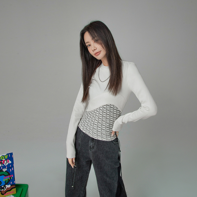 【万籽麟同款】NO ONE ELSE美式复古女装爱心贴布假两件T恤