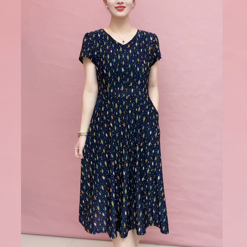 【有口袋，6个尺码】夏季新品短袖连衣裙妈妈装中长款过膝裙子