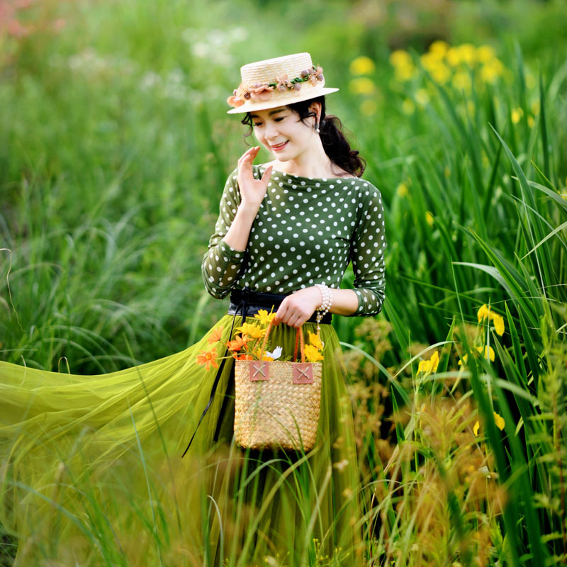 【清仓福利】一字领波点打底衫女新款弹力显瘦百搭条纹网纱上衣