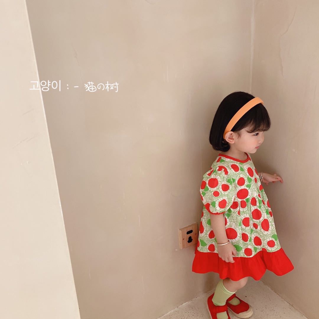 韩版洋气女童儿童节女宝夏季泡泡袖碎花宝宝连衣裙