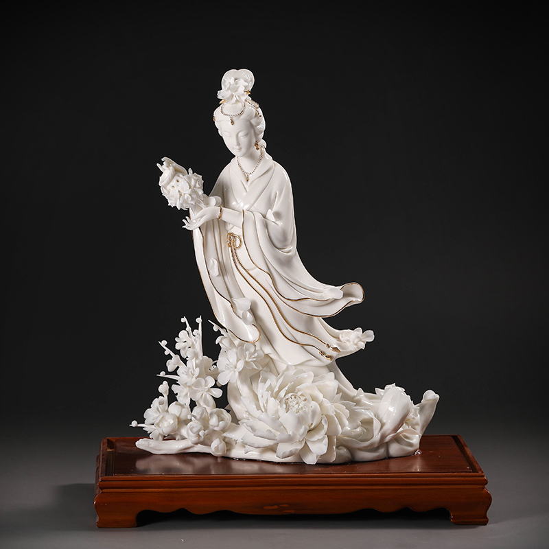 家居创意大号陶瓷彩瓷摆件雕塑工艺品仙女散花装饰品白瓷观音菩萨