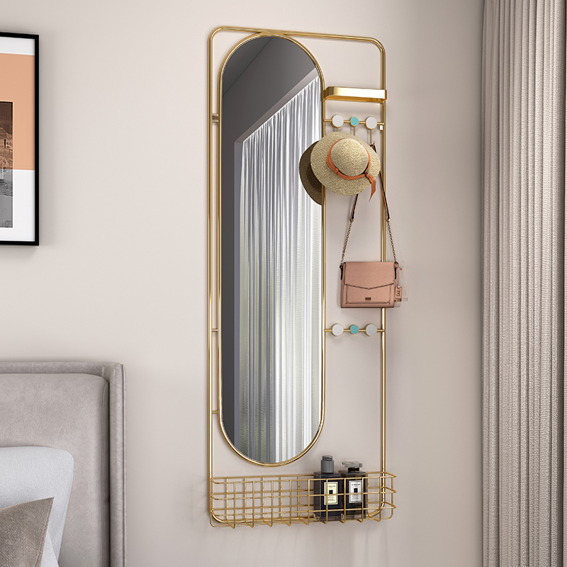 壁挂试衣镜家用穿衣镜入户玄关卧室衣帽架一体贴墙全身镜带置物架
