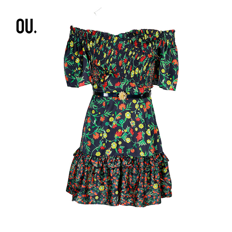 OU./欧点桑蚕丝短袖连衣裙1202131154夏季印花时尚真丝浪漫优雅夏