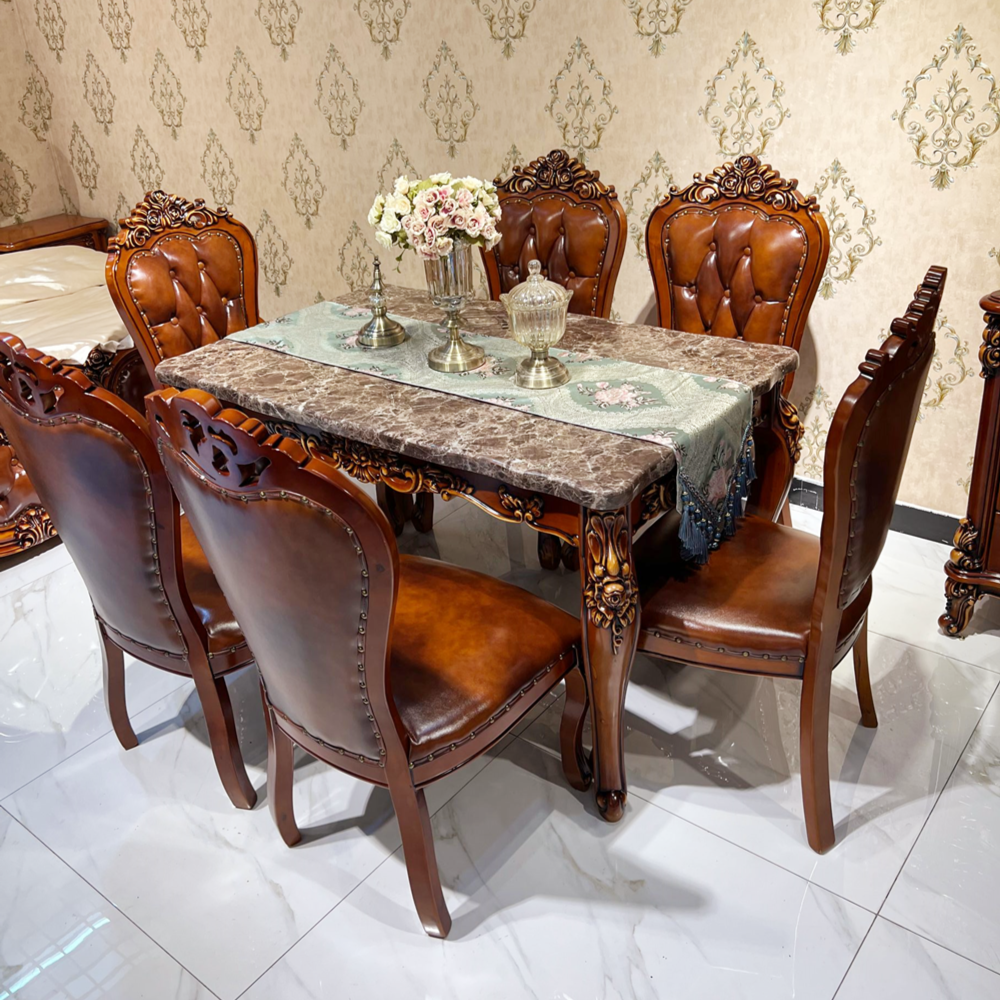 欧式美式实木雕花餐桌椅子1.3米1.5大理石桌子椅子